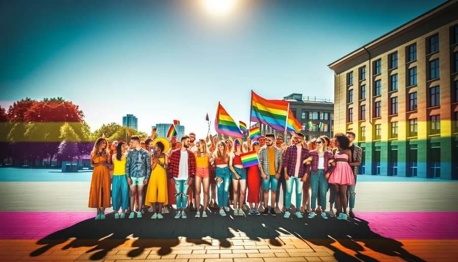 DALL·E 2024-03-10 04.00.31 - A group of diverse people standing together, holding flags and wearing clothes that reflect the colors of the PRIDE rainbow. The scene is vibrant and 